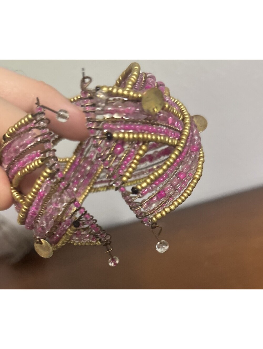 Braided Pink & Gold Seed Bead Flex Cuff Bracelet - Picture 3 of 3